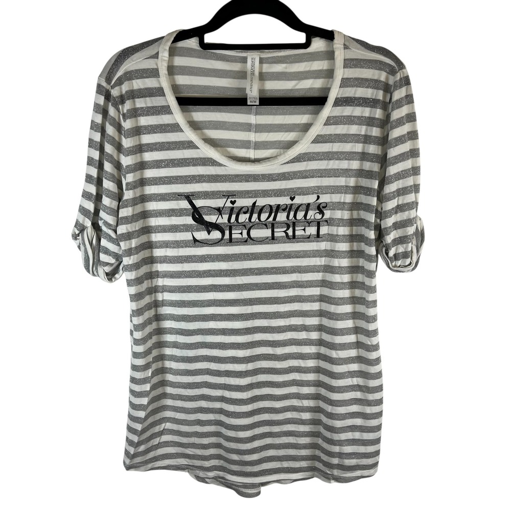 Victorias Secret Supermodel Essentials Striped Silver‎ Metallic Logo Top Medium
